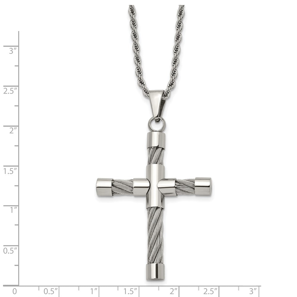 Alternate view of the Stainless Steel Polished and Wire Cross Necklace - 22 Inch by The Black Bow Jewelry Co.