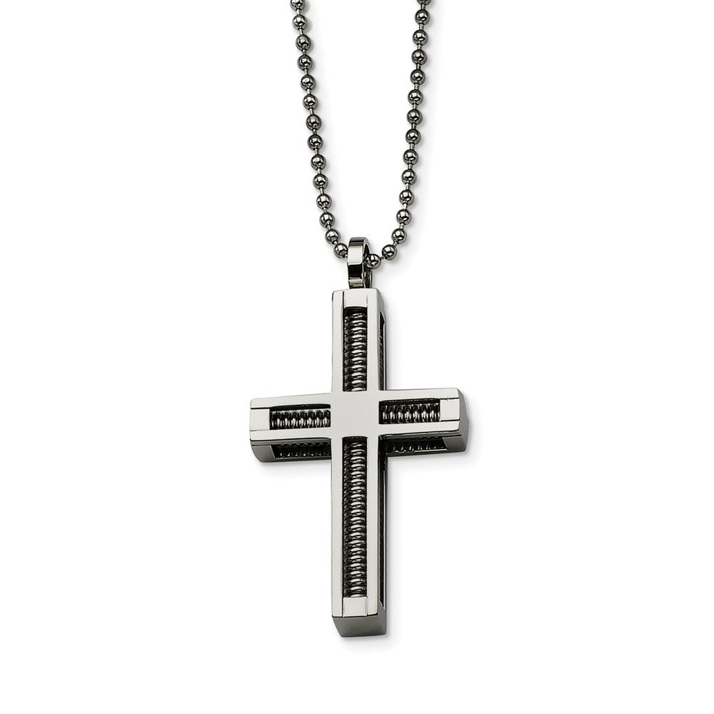 Stainless Steel 3D inset Cross Pendant Necklace - 24 Inch, Item N9800 by The Black Bow Jewelry Co.