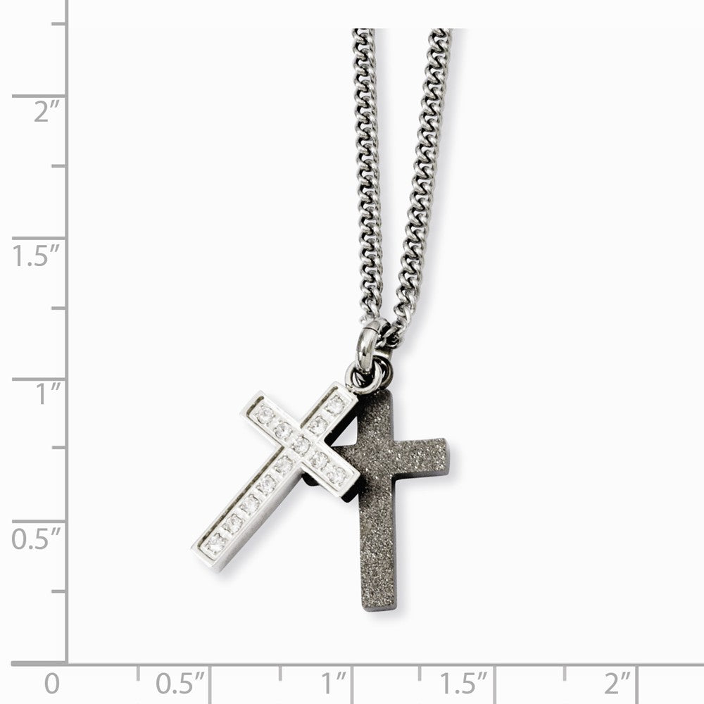 Alternate view of the Stainless Steel Laser-cut and CZ Double Cross Necklace - 20 Inch by The Black Bow Jewelry Co.
