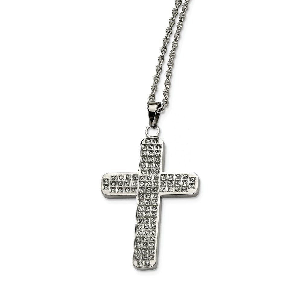 Stainless Steel Satin and Cubic Zirconia Cross Necklace - 22 Inch, Item N9818 by The Black Bow Jewelry Co.