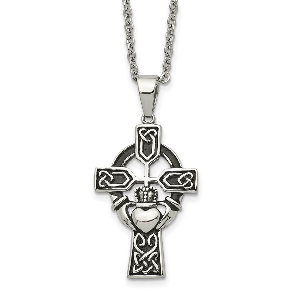 Stainless Steel Antiqued Claddagh Cross Necklace, 20 Inch, Item N9830 by The Black Bow Jewelry Co.