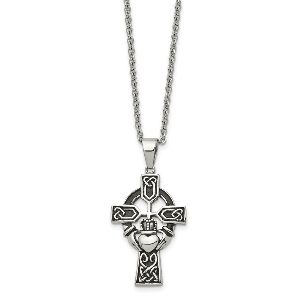 Alternate view of the Stainless Steel Antiqued Claddagh Cross Necklace, 20 Inch by The Black Bow Jewelry Co.