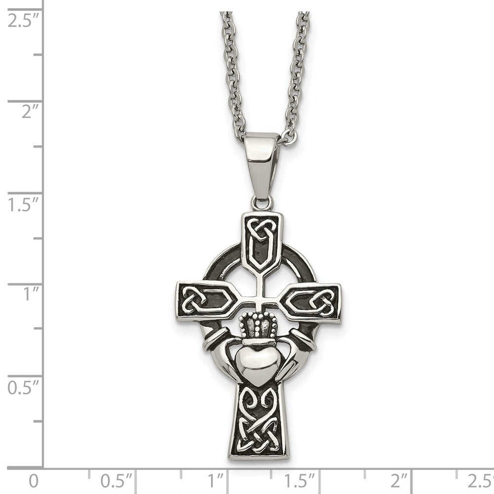 Alternate view of the Stainless Steel Antiqued Claddagh Cross Necklace, 20 Inch by The Black Bow Jewelry Co.