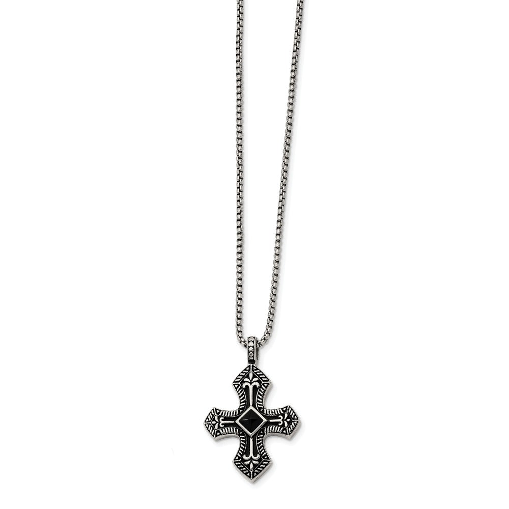 Stainless Steel Black Agate and Antiqued Cross Necklace - 24 Inch, Item N9831 by The Black Bow Jewelry Co.