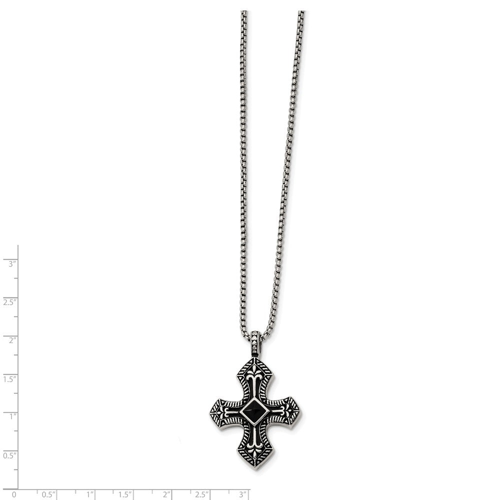 Alternate view of the Stainless Steel Black Agate and Antiqued Cross Necklace - 24 Inch by The Black Bow Jewelry Co.