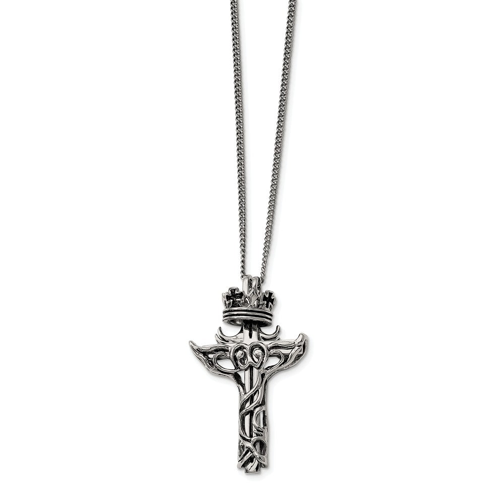 Stainless Steel 2 Piece Crown and Cross Necklace - 22 Inch - Black