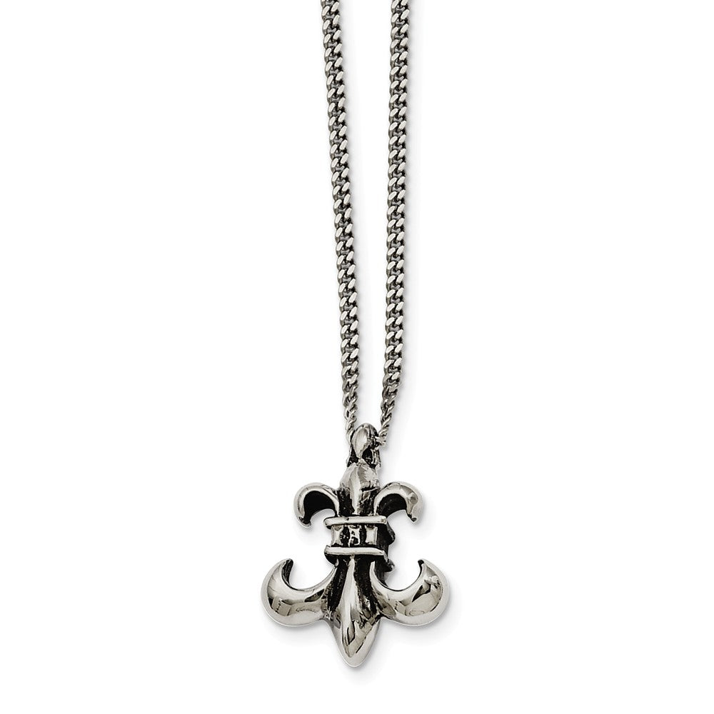 Stainless Steel Antiqued Fleur-de-lis Necklace - 18 Inch - Black