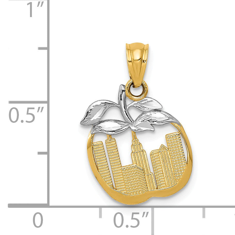 Alternate view of the 14k Yellow Gold and White Rhodium New York Skyline Apple Pendant by The Black Bow Jewelry Co.