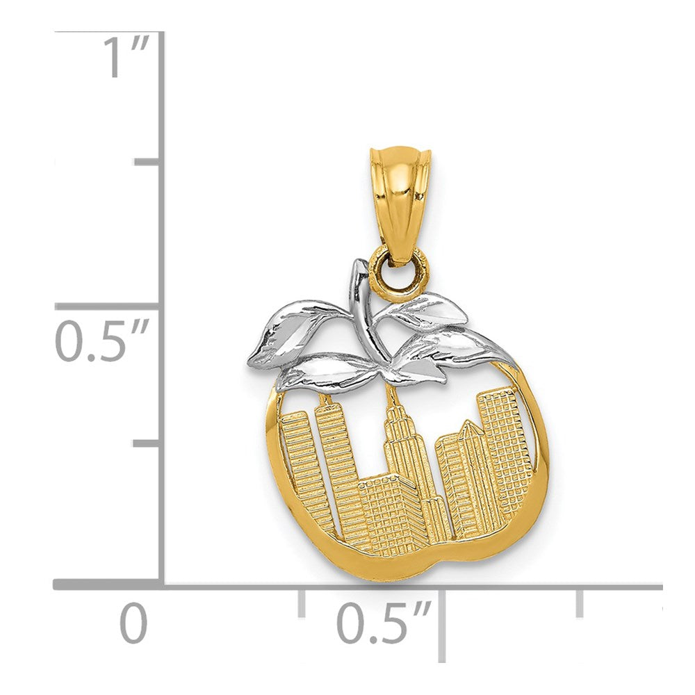 Alternate view of the 14k Yellow Gold and White Rhodium New York Skyline Apple Pendant by The Black Bow Jewelry Co.