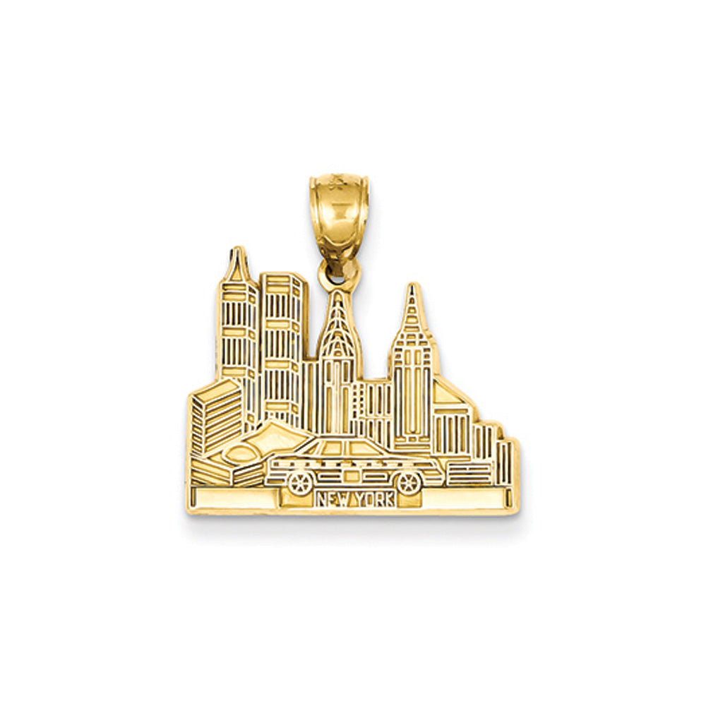 Cutout New York Skyline with Taxi Pendant in 14 Karat Yellow Gold, Item P10006 by The Black Bow Jewelry Co.