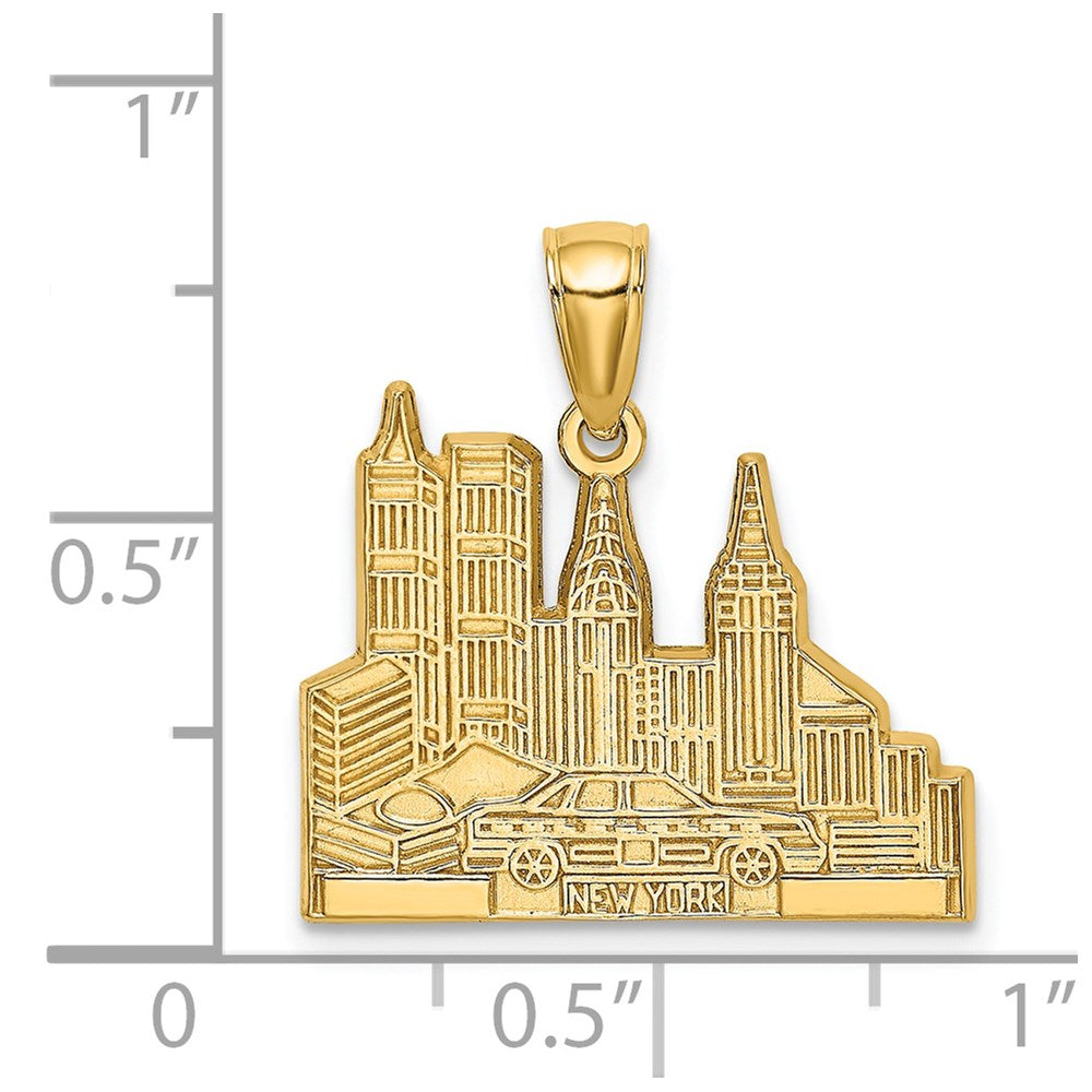 Alternate view of the Cutout New York Skyline with Taxi Pendant in 14 Karat Yellow Gold by The Black Bow Jewelry Co.