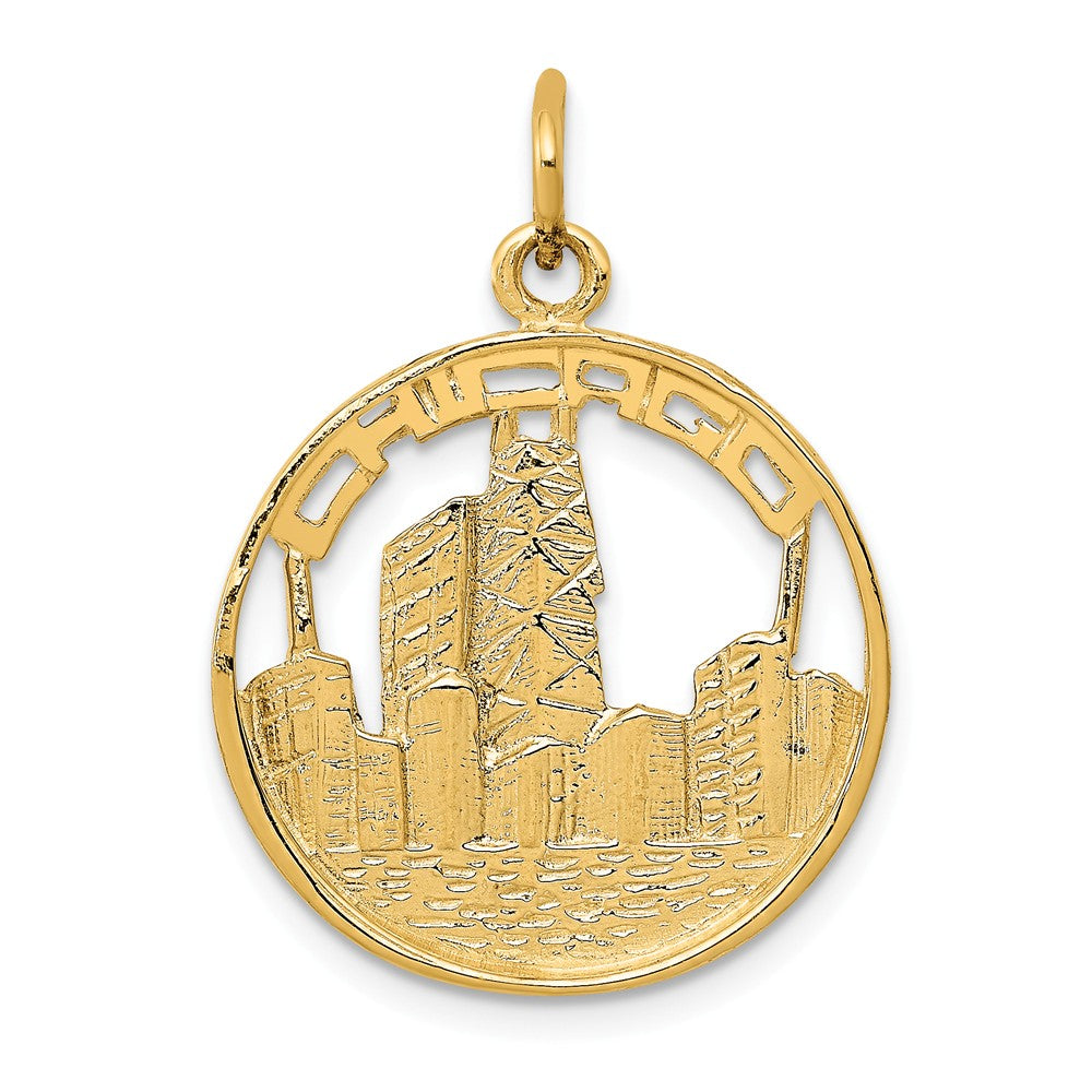 14k Yellow Gold Chicago Skyline Circle Charm, Item P10016 by The Black Bow Jewelry Co.