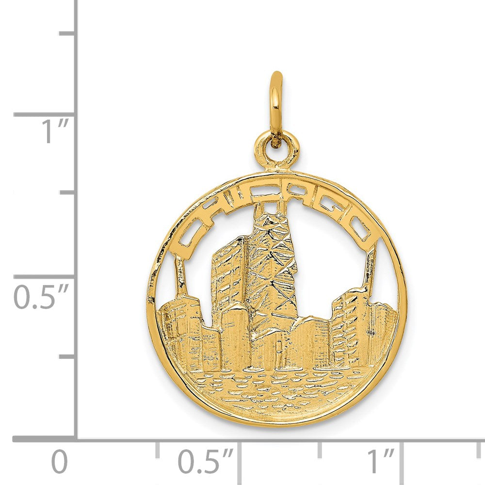 Alternate view of the 14k Yellow Gold Chicago Skyline Circle Charm by The Black Bow Jewelry Co.