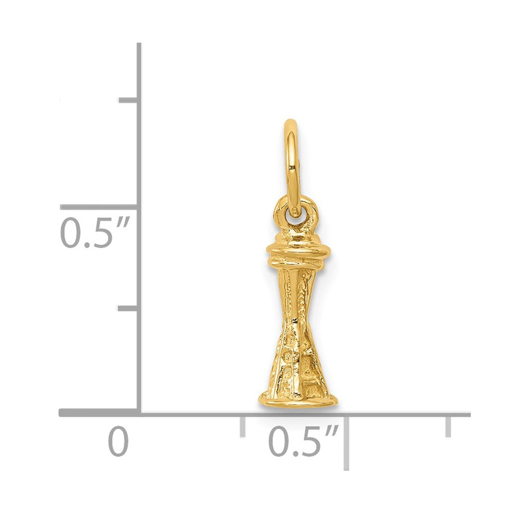 Alternate view of the 14k Yellow Gold Mini 3D Seattle Space Needle Charm by The Black Bow Jewelry Co.