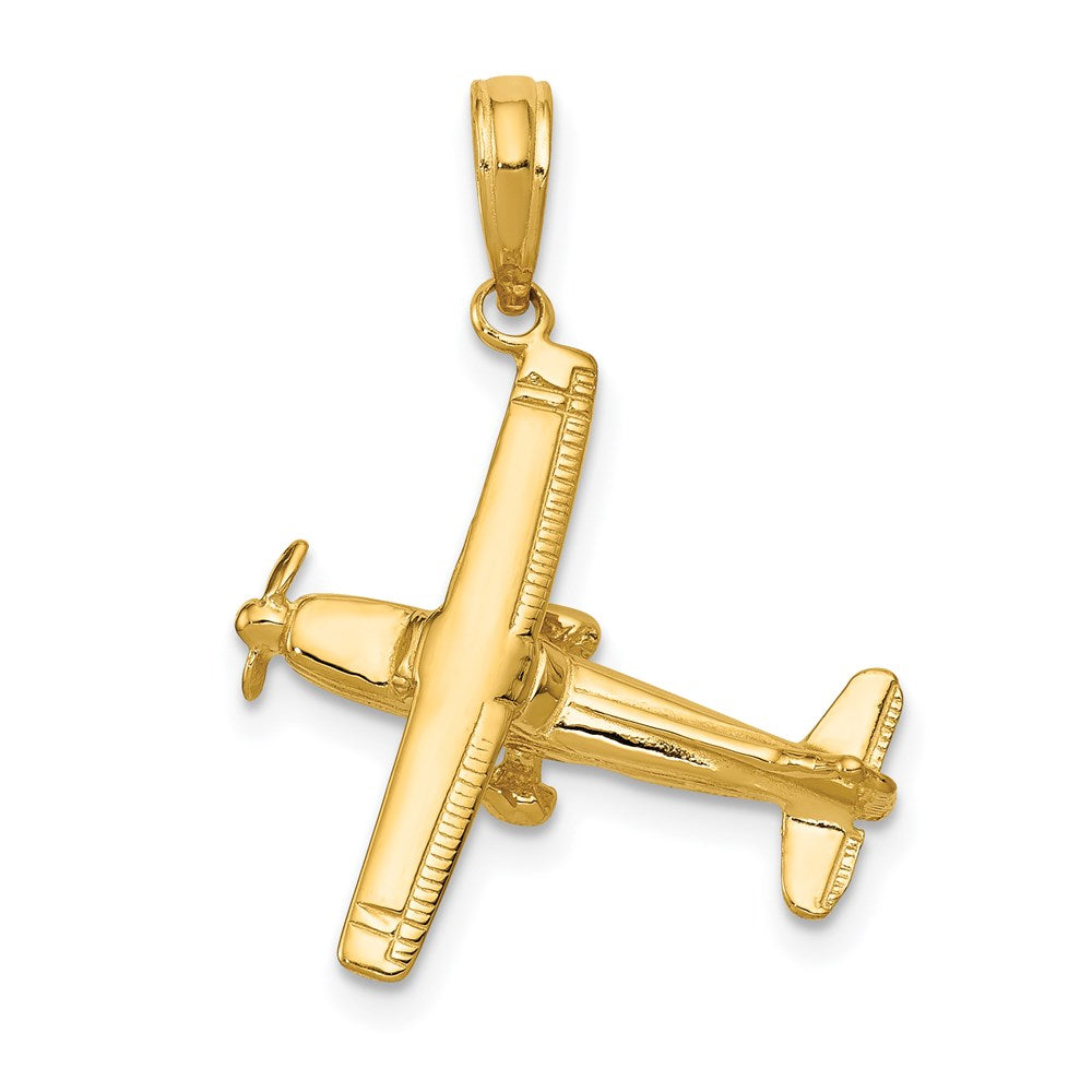 14k Yellow Gold 3D High-Wing Airplane Pendant, Item P10061 by The Black Bow Jewelry Co.