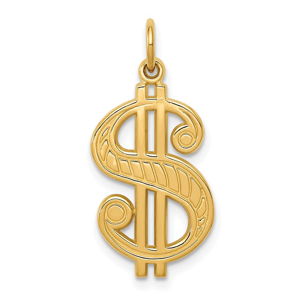 14k Yellow Gold Scroll Dollar Sign Charm Pendant, Item P10102 by The Black Bow Jewelry Co.