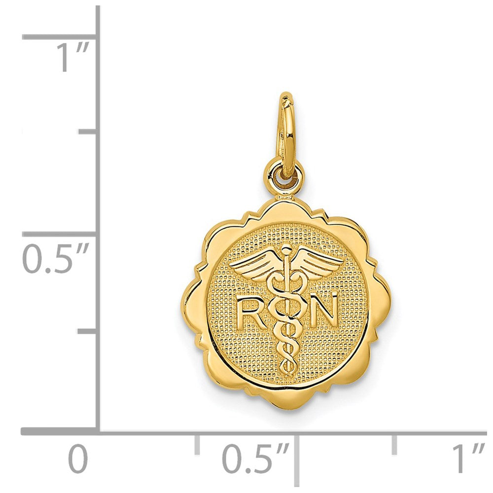 Alternate view of the 14k Yellow Gold Registered Nurse Disk Charm, 14mm by The Black Bow Jewelry Co.