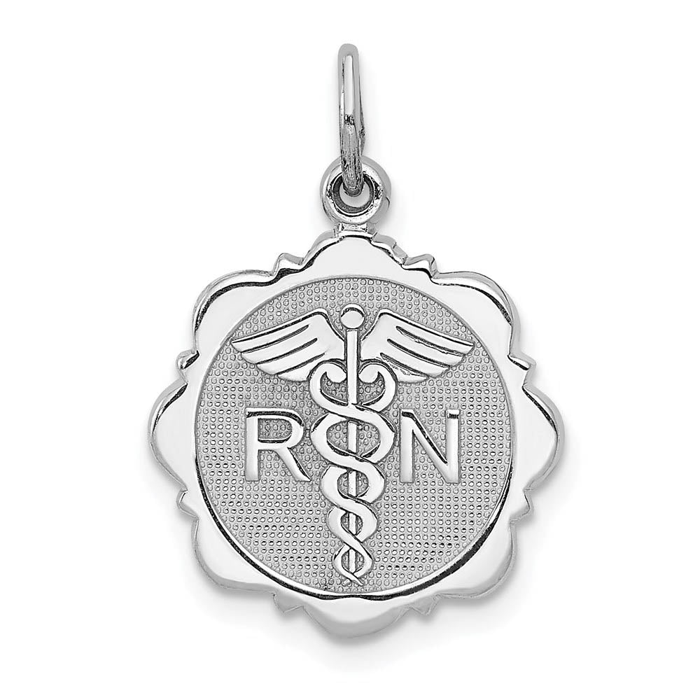 14k White Gold Registered Nurse Disk Charm, 16mm, Item P10296 by The Black Bow Jewelry Co.