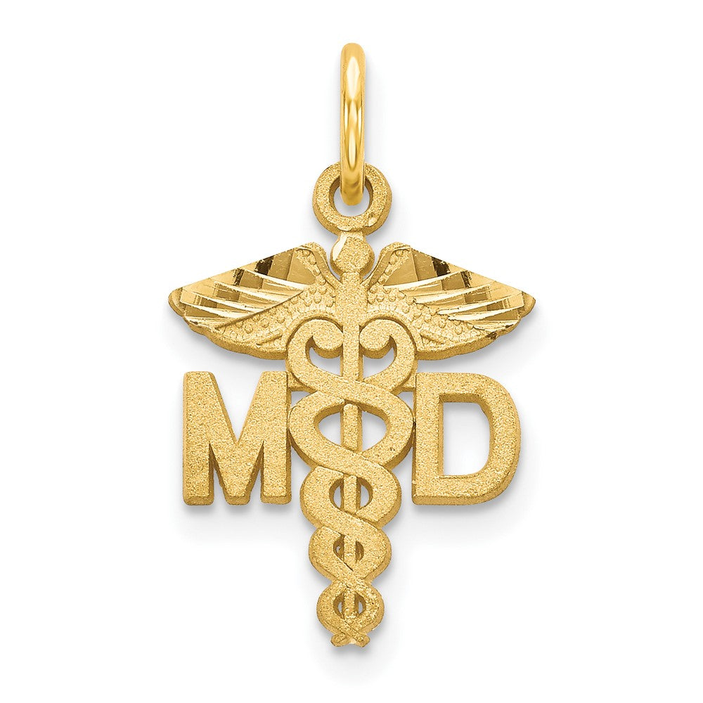 14k Yellow Gold Satin and Diamond Cut MD Caduceus Charm, Item P10317 by The Black Bow Jewelry Co.