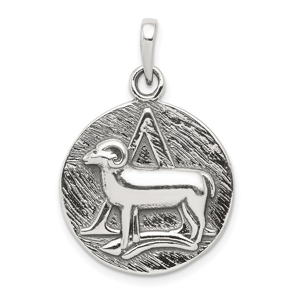 Sterling Silver Aries the Ram Zodiac Embossed Circle Antiqued Pendant, Item P10329 by The Black Bow Jewelry Co.