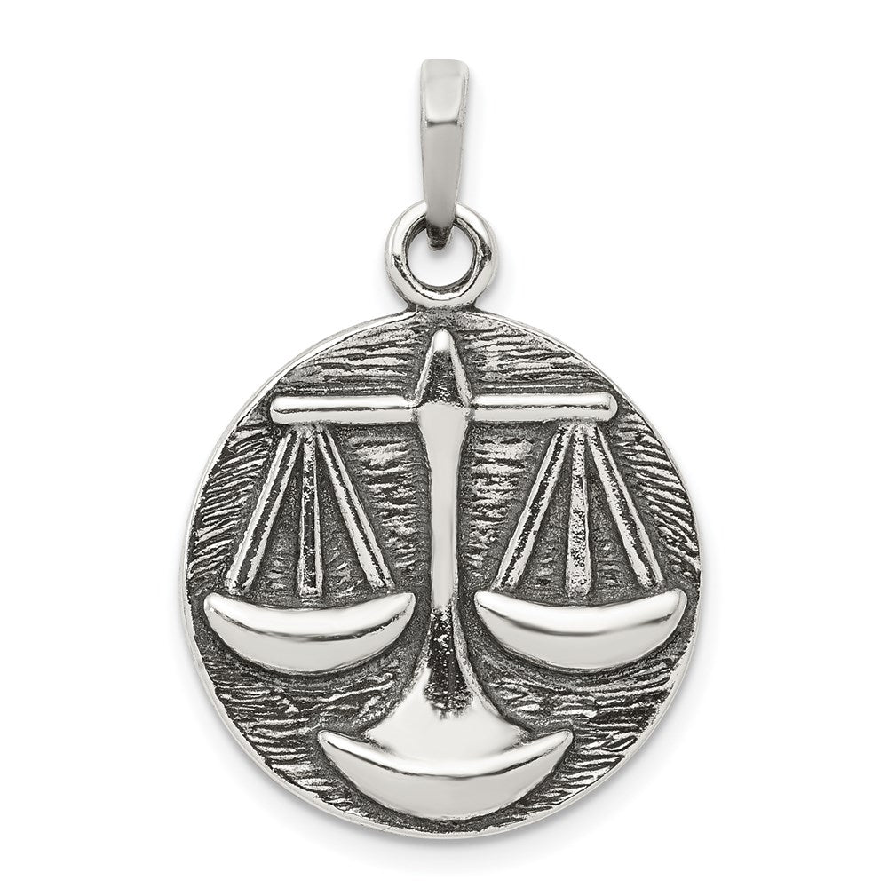 Sterling Silver Libra the Scale Zodiac Embossed Circle Pendant, Item P10335 by The Black Bow Jewelry Co.