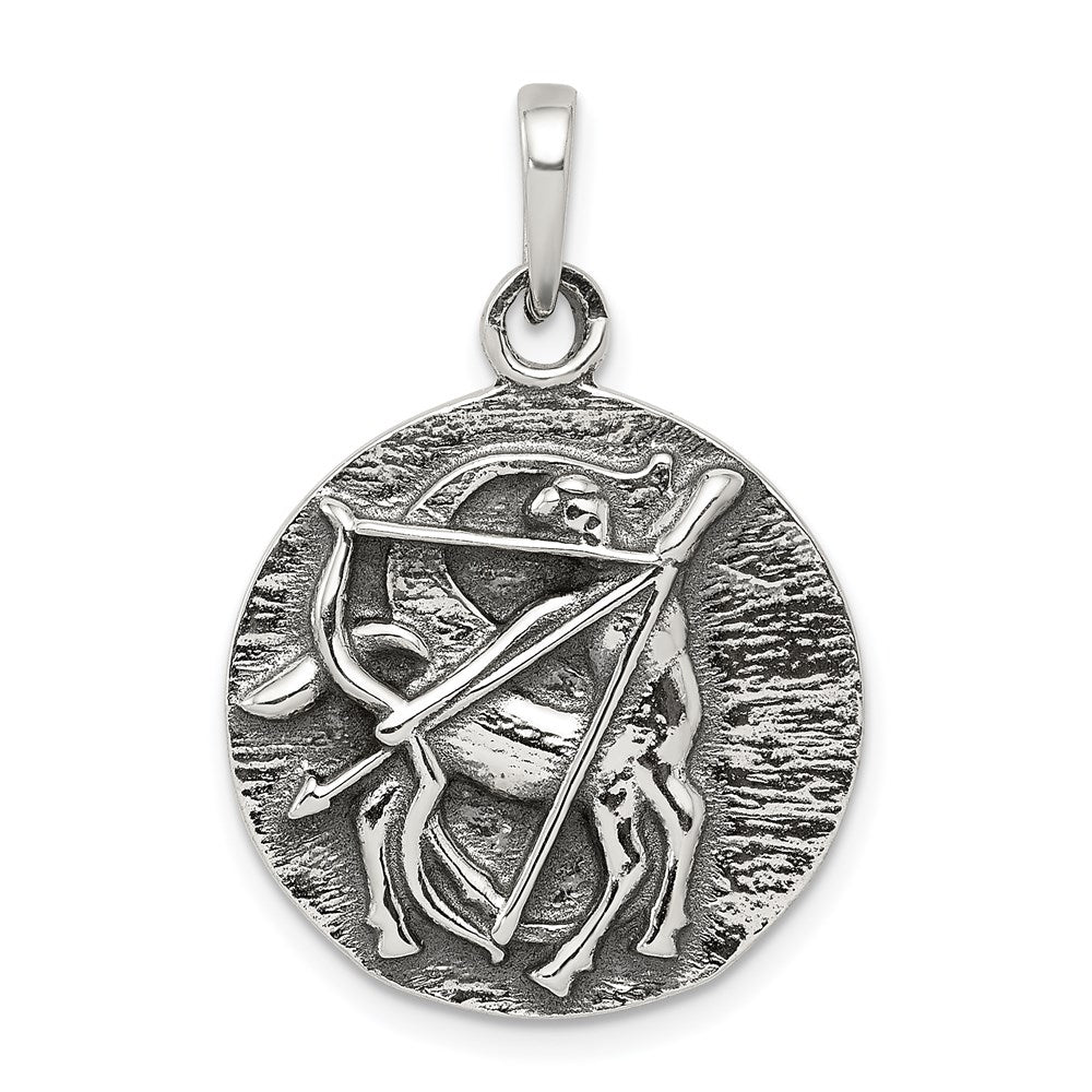 Sterling Silver Sagittarius the Archer Zodiac Circle Pendant, Item P10337 by The Black Bow Jewelry Co.