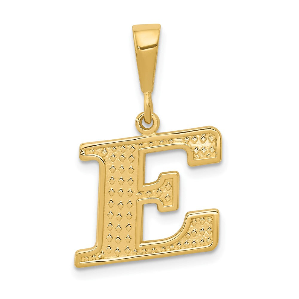 14k Yellow Gold, Ashley Collection, Textured Initial E Pendant, Item P10353-E by The Black Bow Jewelry Co.