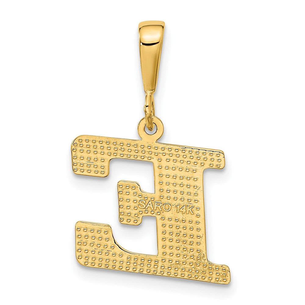 Alternate view of the 14k Yellow Gold, Ashley Collection, Textured Initial E Pendant by The Black Bow Jewelry Co.