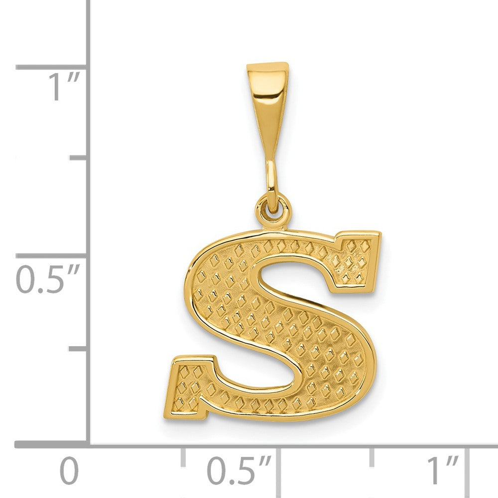 Alternate view of the 14k Yellow Gold, Ashley Collection, Textured Initial S Pendant by The Black Bow Jewelry Co.