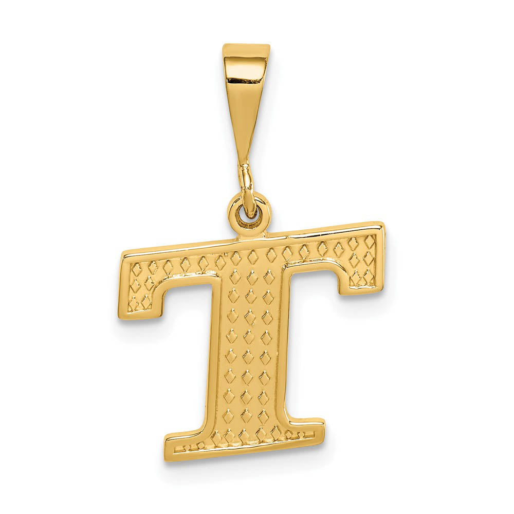 14k Yellow Gold, Ashley Collection, Textured Initial T Pendant, Item P10353-T by The Black Bow Jewelry Co.
