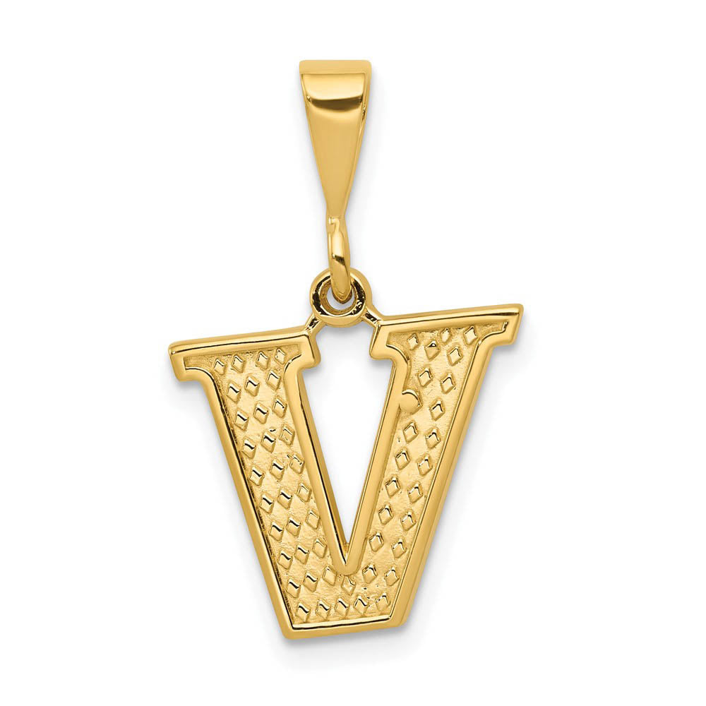 14k Yellow Gold, Ashley Collection, Textured Initial V Pendant, Item P10353-V by The Black Bow Jewelry Co.