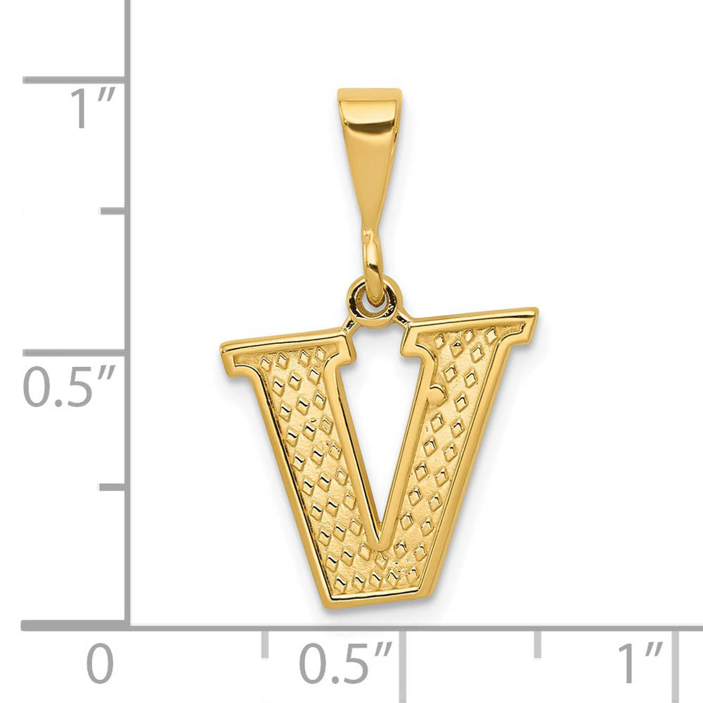 Alternate view of the 14k Yellow Gold, Ashley Collection, Textured Initial V Pendant by The Black Bow Jewelry Co.