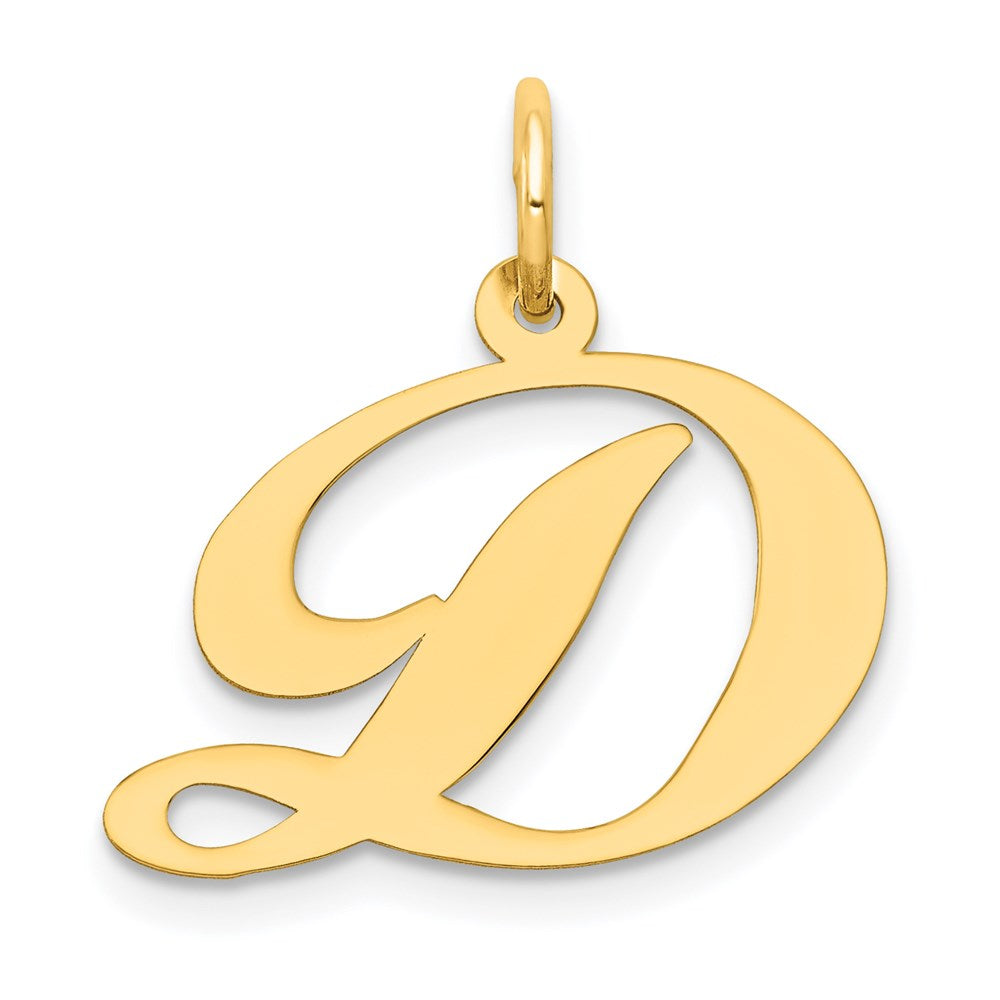14k Yellow Gold, Ella Collection Medium Fancy Script Initial D Pendant, Item P10354-D by The Black Bow Jewelry Co.