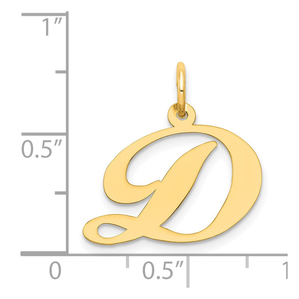 Alternate view of the 14k Yellow Gold, Ella Collection Medium Fancy Script Initial D Pendant by The Black Bow Jewelry Co.