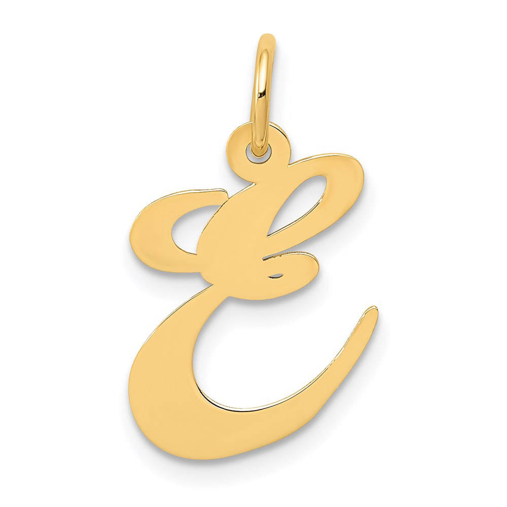 14k Yellow Gold, Ella Collection Medium Fancy Script Initial E Pendant, Item P10354-E by The Black Bow Jewelry Co.