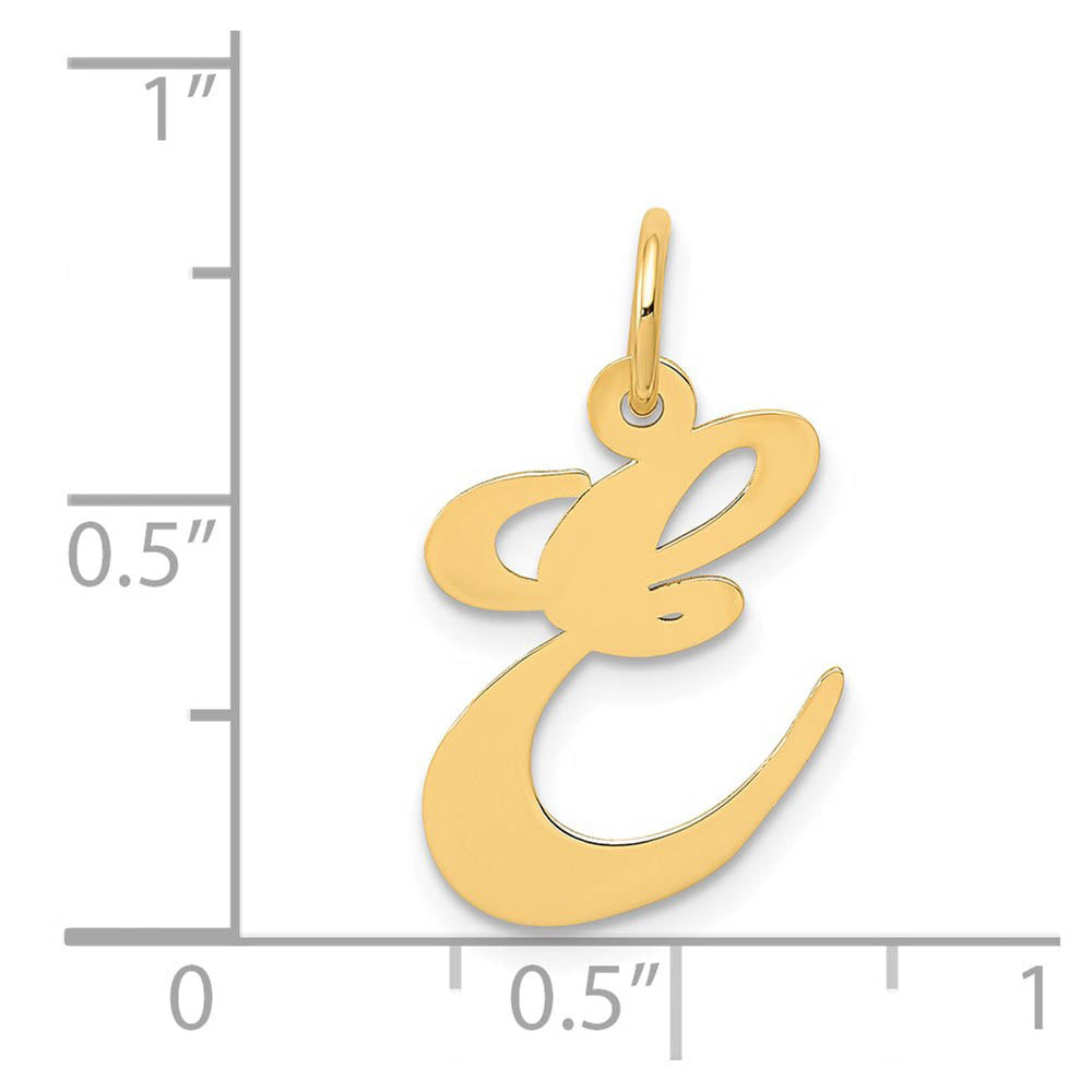 Alternate view of the 14k Yellow Gold, Ella Collection Medium Fancy Script Initial E Pendant by The Black Bow Jewelry Co.