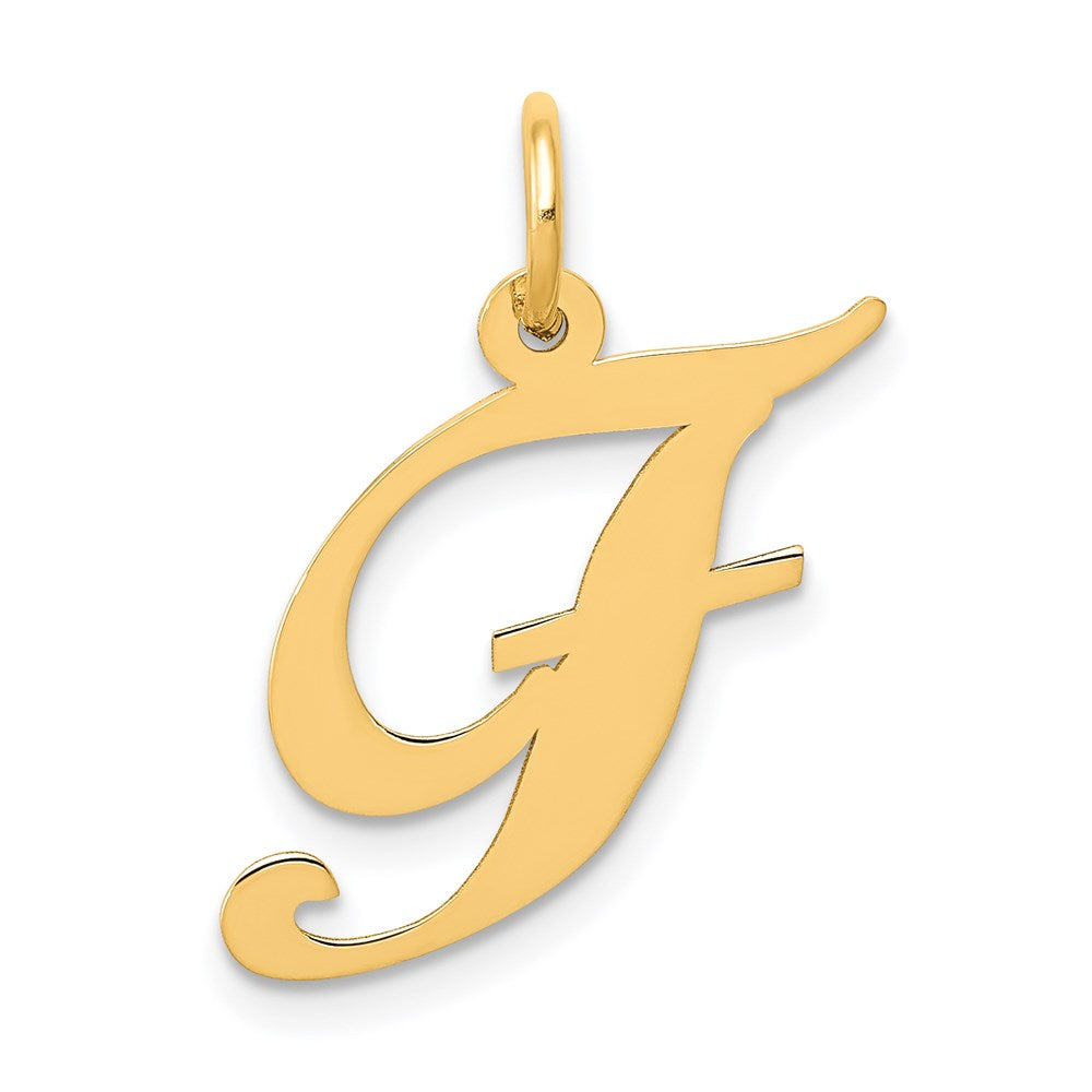 14k Yellow Gold, Ella Collection Medium Fancy Script Initial F Pendant, Item P10354-F by The Black Bow Jewelry Co.