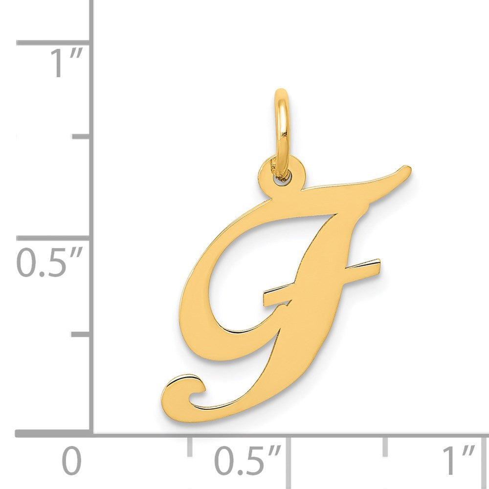 Alternate view of the 14k Yellow Gold, Ella Collection Medium Fancy Script Initial F Pendant by The Black Bow Jewelry Co.