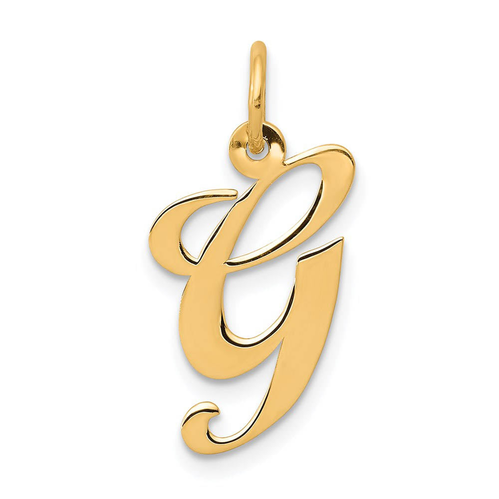 14k Yellow Gold, Ella Collection Medium Fancy Script Initial G Pendant, Item P10354-G by The Black Bow Jewelry Co.
