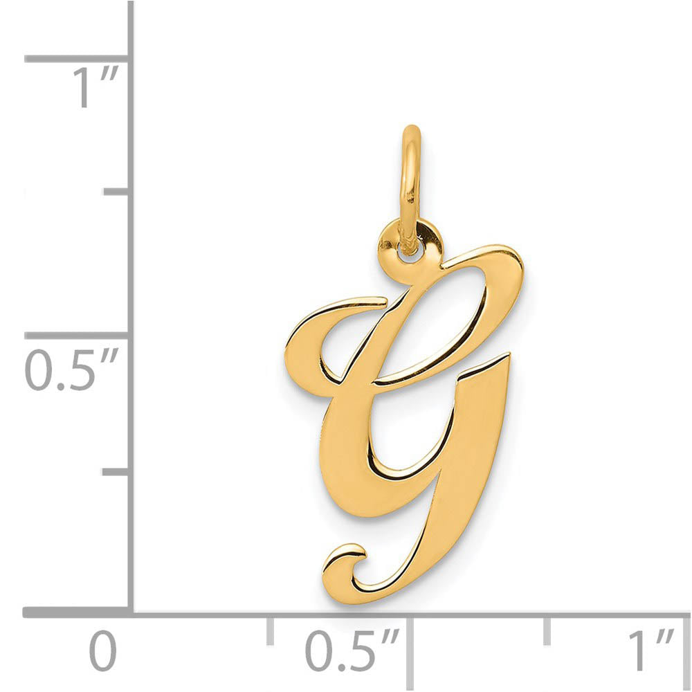 Alternate view of the 14k Yellow Gold, Ella Collection Medium Fancy Script Initial G Pendant by The Black Bow Jewelry Co.