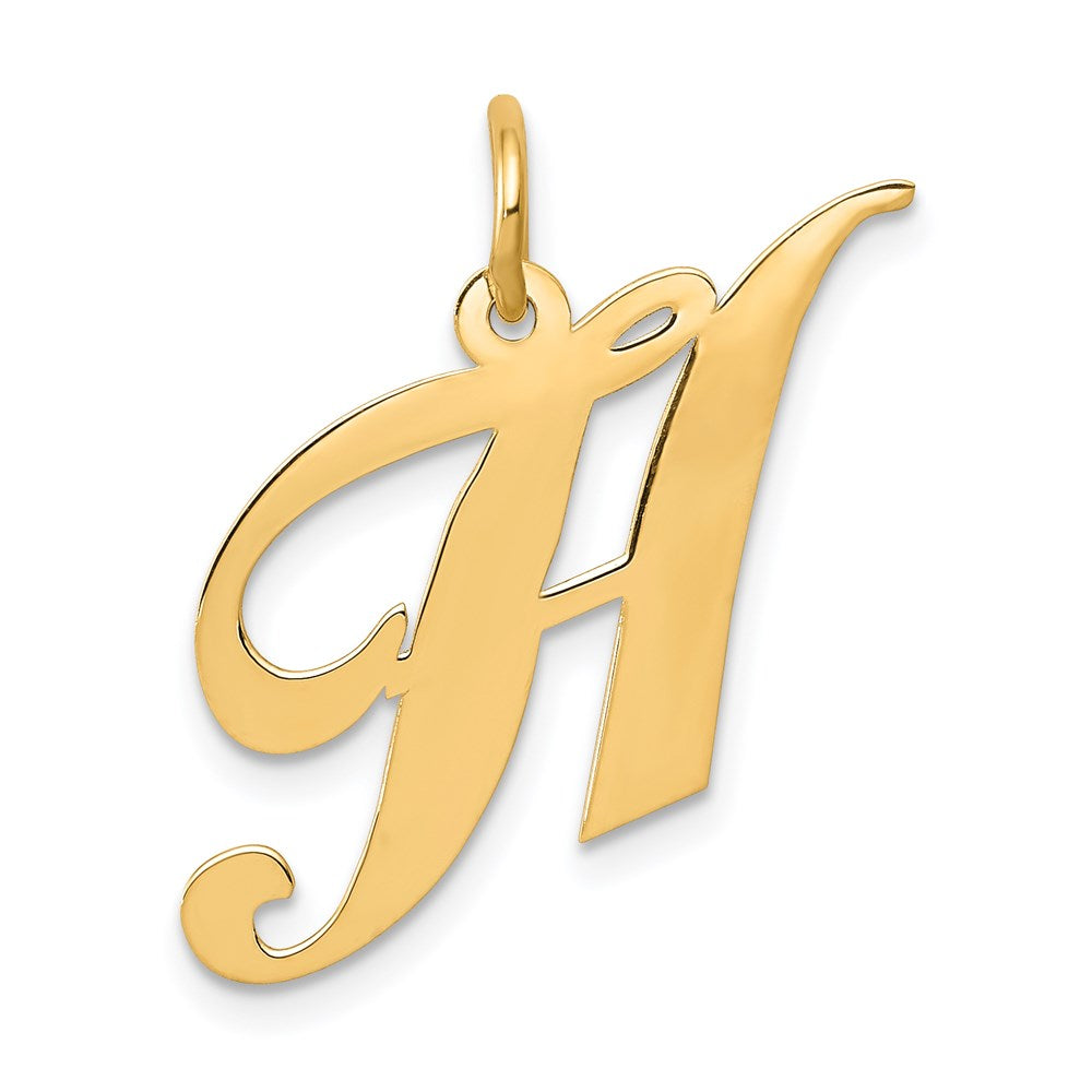 14k Yellow Gold, Ella Collection Medium Fancy Script Initial H Pendant, Item P10354-H by The Black Bow Jewelry Co.