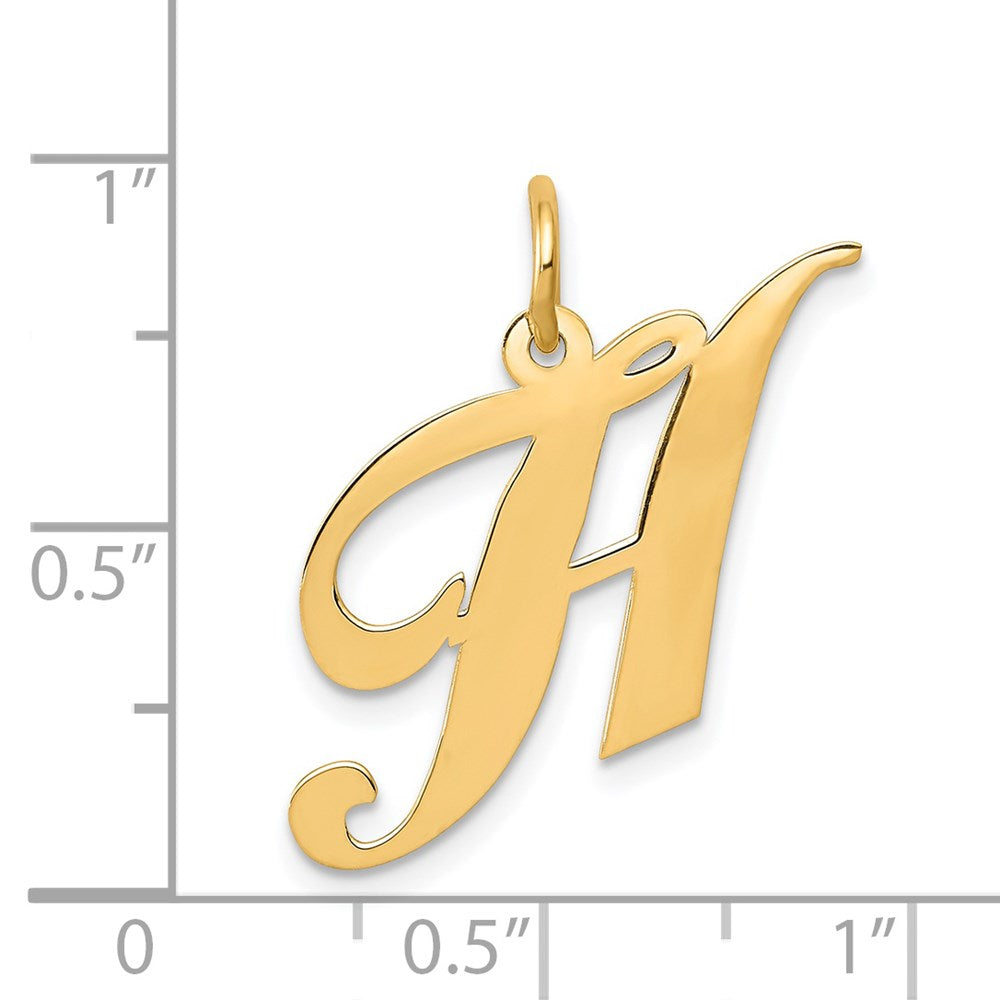 Alternate view of the 14k Yellow Gold, Ella Collection Medium Fancy Script Initial H Pendant by The Black Bow Jewelry Co.