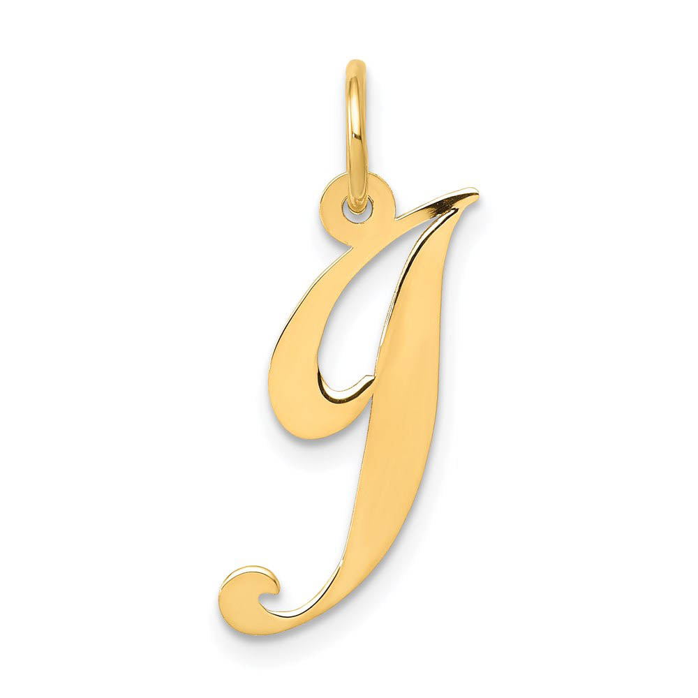 14k Yellow Gold, Ella Collection Medium Fancy Script Initial J Pendant, Item P10354-J by The Black Bow Jewelry Co.
