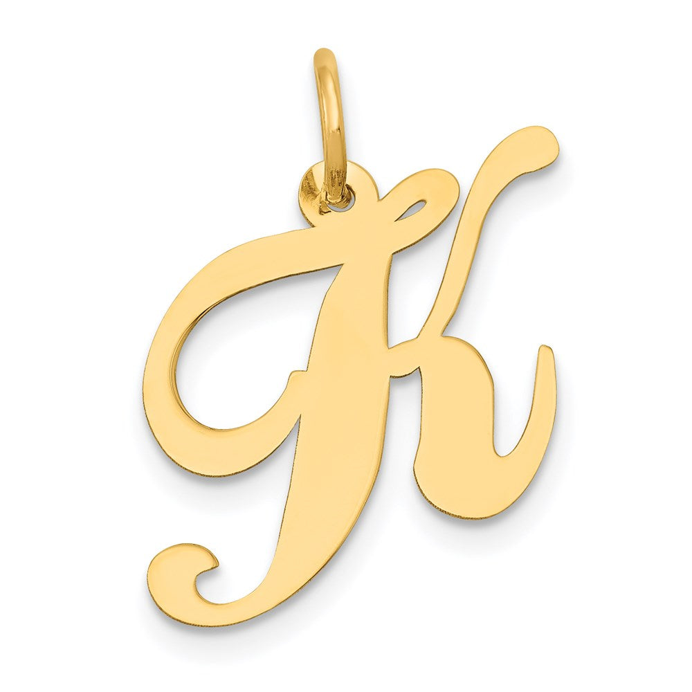 14k Yellow Gold, Ella Collection Medium Fancy Script Initial K Pendant, Item P10354-K by The Black Bow Jewelry Co.