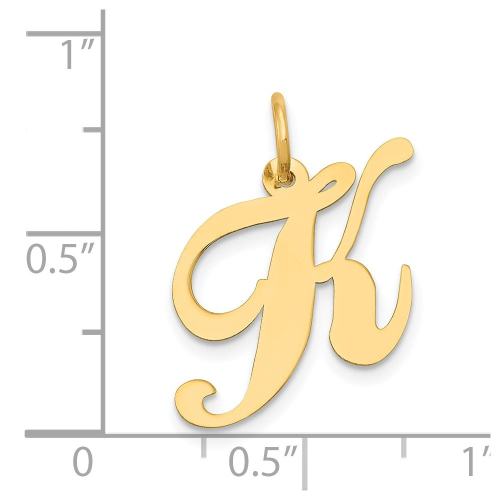 Alternate view of the 14k Yellow Gold, Ella Collection Medium Fancy Script Initial K Pendant by The Black Bow Jewelry Co.