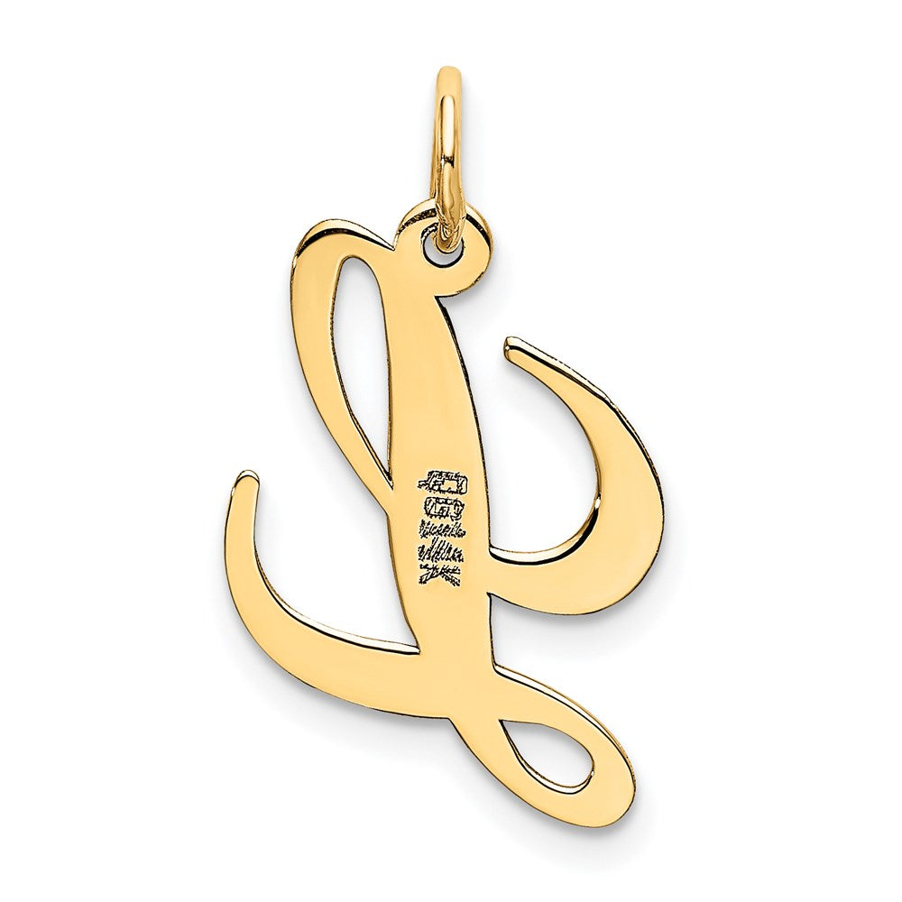 Alternate view of the 14k Yellow Gold, Ella Collection Medium Fancy Script Initial L Pendant by The Black Bow Jewelry Co.