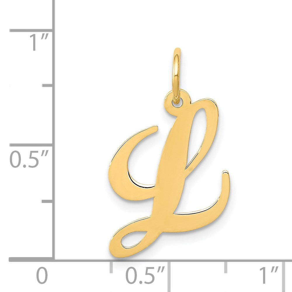Alternate view of the 14k Yellow Gold, Ella Collection Medium Fancy Script Initial L Pendant by The Black Bow Jewelry Co.