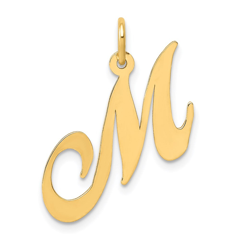 14k Yellow Gold, Ella Collection Medium Fancy Script Initial M Pendant, Item P10354-M by The Black Bow Jewelry Co.