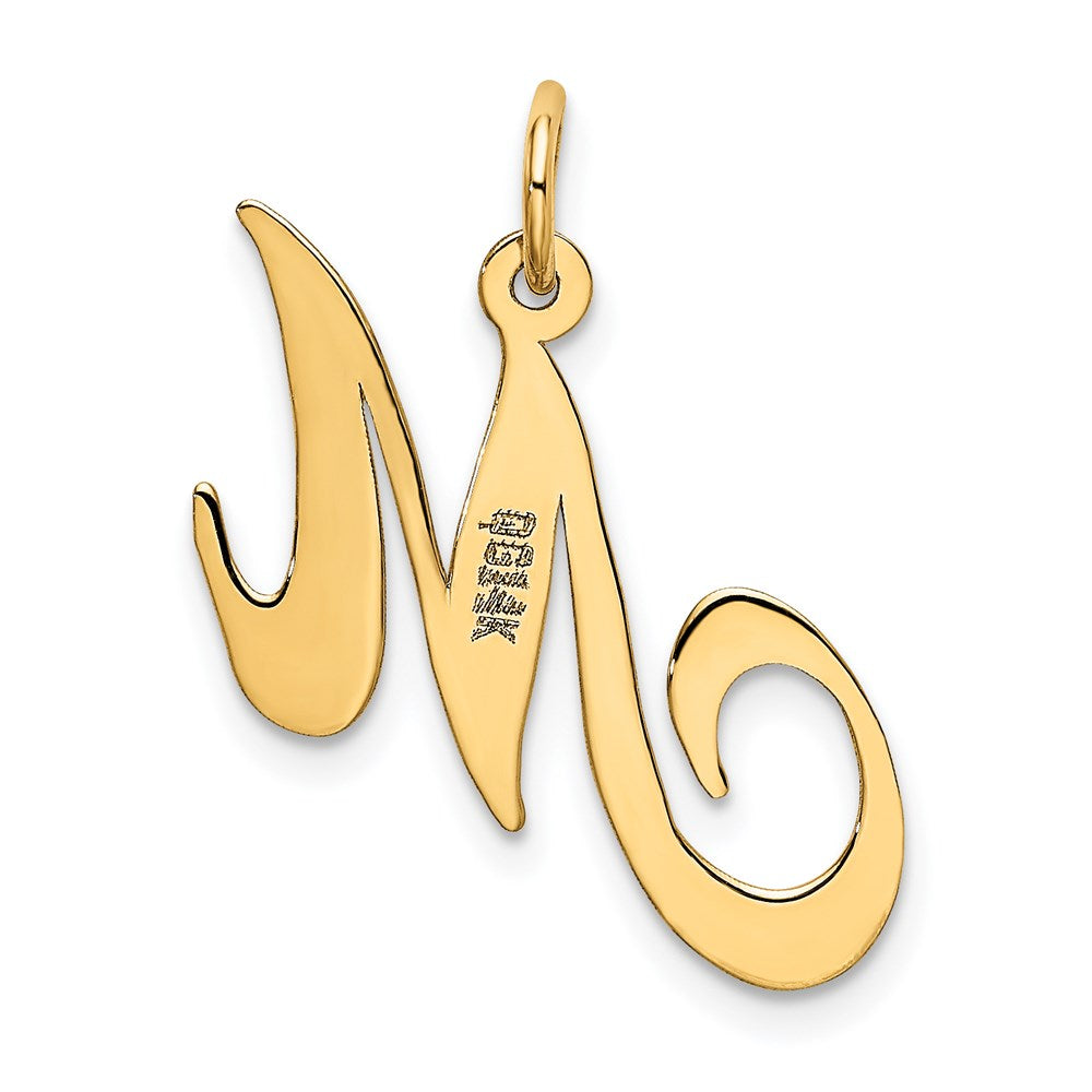 Alternate view of the 14k Yellow Gold, Ella Collection Medium Fancy Script Initial M Pendant by The Black Bow Jewelry Co.