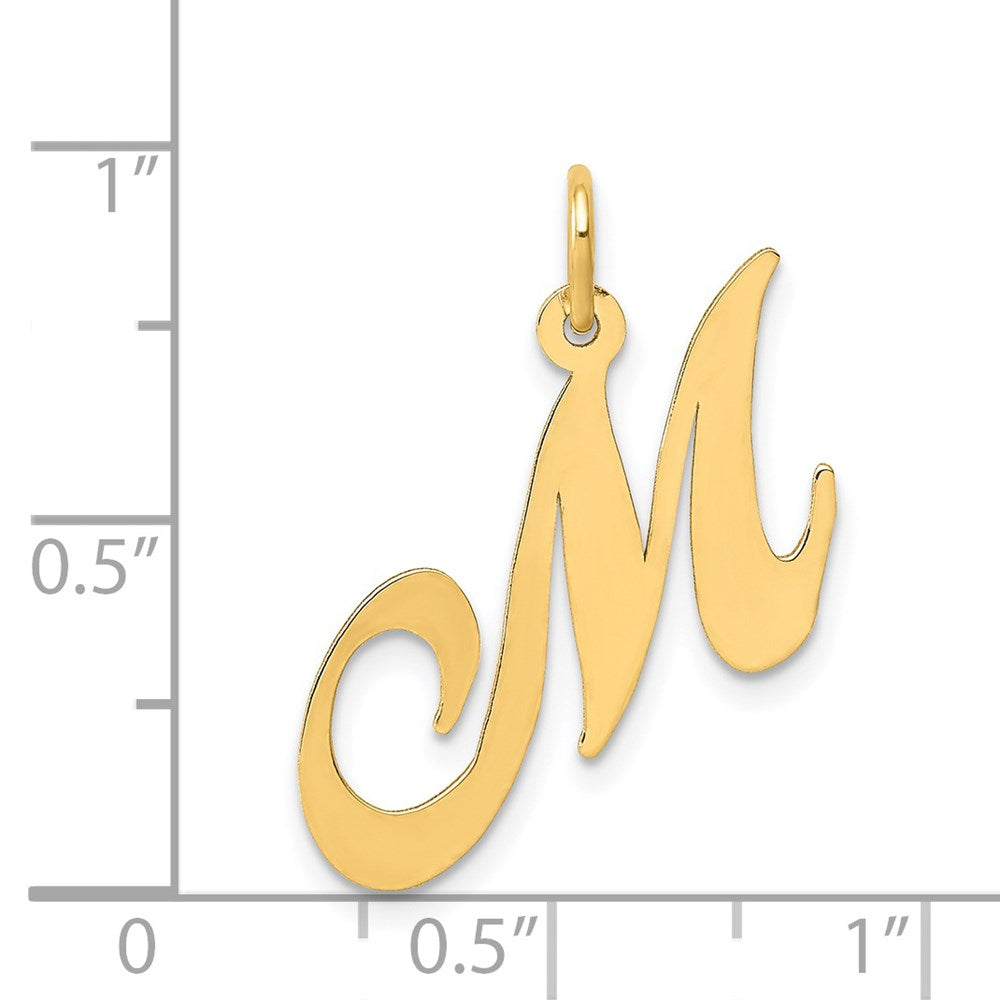 Alternate view of the 14k Yellow Gold, Ella Collection Medium Fancy Script Initial M Pendant by The Black Bow Jewelry Co.